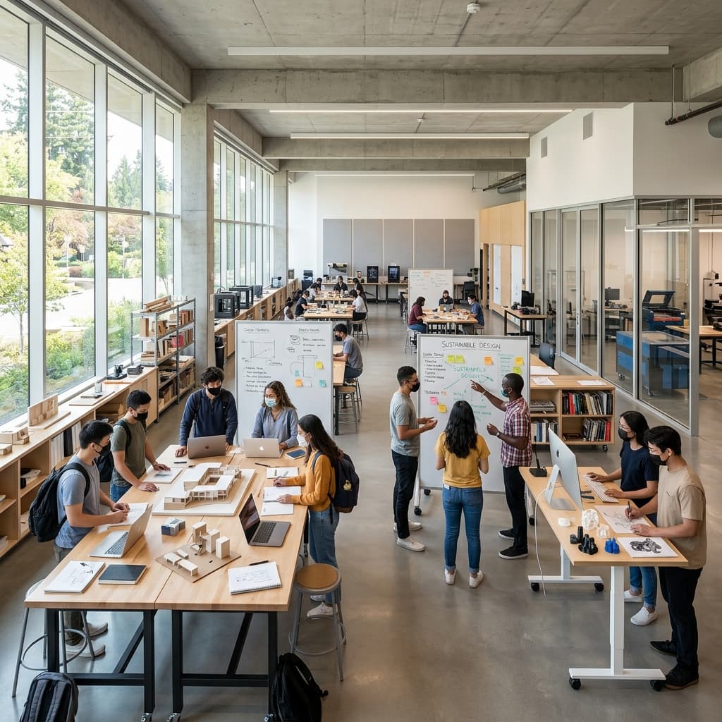 Students working together around a table in a bright project-based learning classroom.